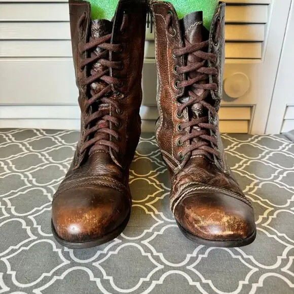 Steve Madden Womens Troopa Combat Boots Sz 8.5 Brown Leather Biker Lace Up Boho - Picture 5 of 12